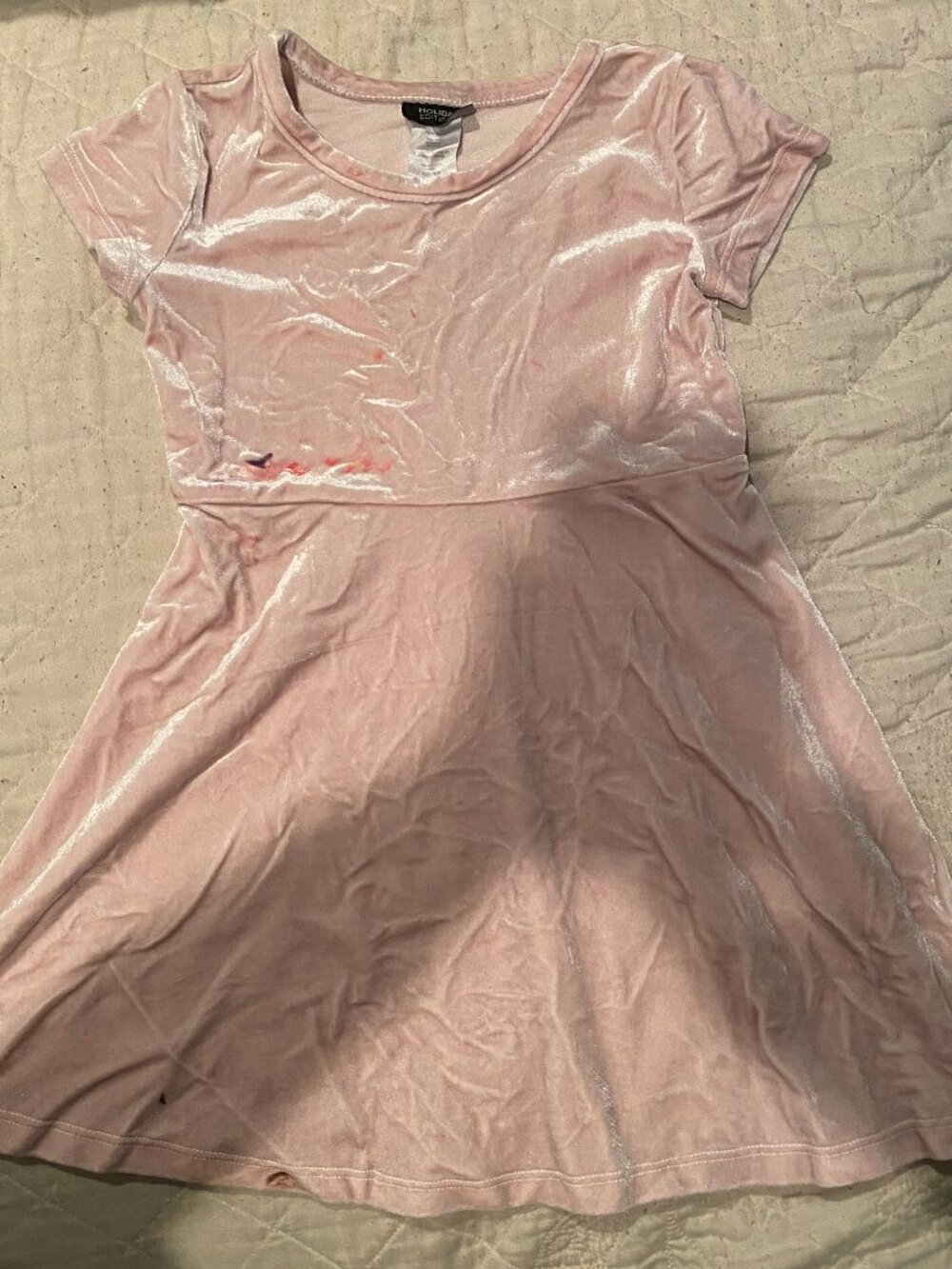 Holiday Editions- Girl's Pink Velvet Dress-Size-XS- Red and blue paint stains